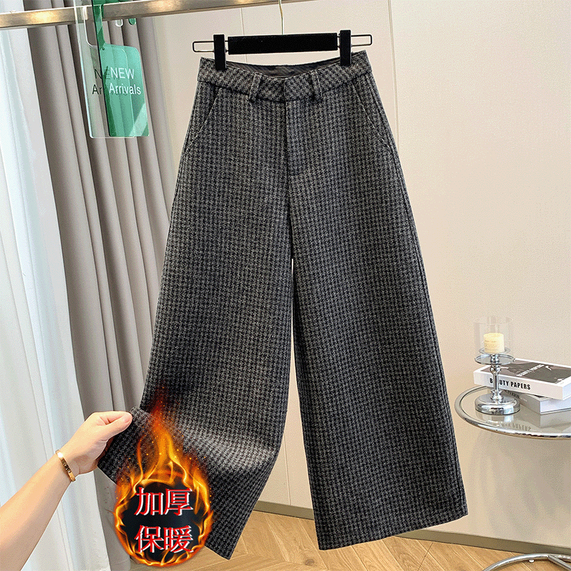 毛呢格子裤女秋冬加厚奶奶裤2025新款欧货爆款裤子大码直筒阔腿裤