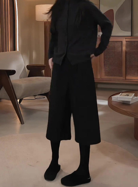 黑色休闲七分裤女2025秋季流行新款高腰简约宽松气质百搭阔腿裤子