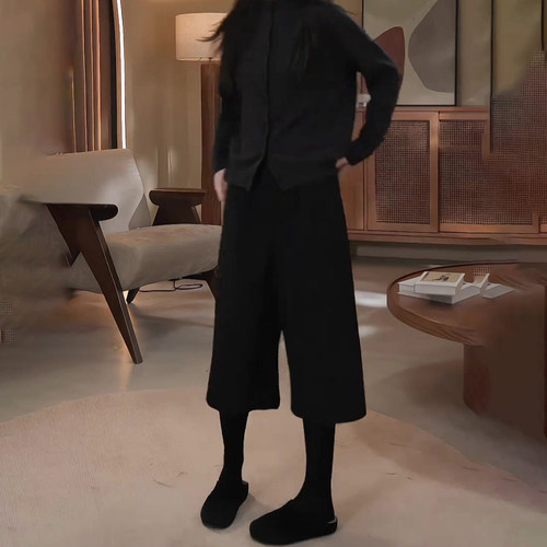 黑色休闲七分裤女2025秋季流行新款高腰简约宽松气质百搭阔腿裤子