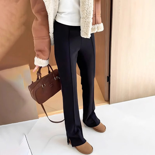 黑色侧开叉微喇叭裤女秋冬2025新款高腰垂感加绒直筒休闲西装裤
