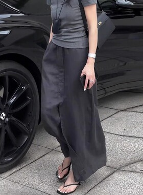 灰色亚麻半身裙女2025流行新款高腰宽松前开叉设计感时尚气质长裙