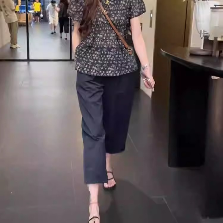 夏季穿搭一整套女2025新款雪纺碎花短袖衬衫九分休闲裤时尚两件套