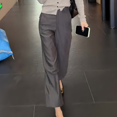 灰色显瘦阔腿长裤女2025秋季新款简约高腰通勤宽松窄版直筒九分裤