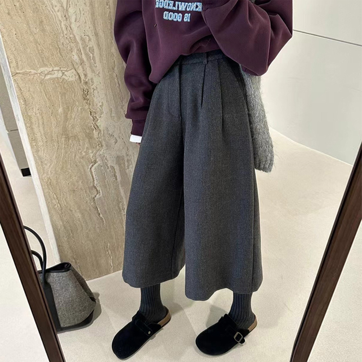 毛呢裤子女宽松显瘦七分裤女秋冬时尚高腰百搭休闲裤八分阔腿裤女