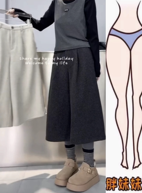 今年流行百搭休闲毛呢裤2025年冬季新款高腰显瘦七分阔腿裤