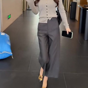 新款 女秋季 简约时尚 直筒裤 灰色九分西装 百搭减龄通勤休闲阔腿裤 裤