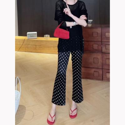欧货波点休闲裤女夏季新款大码小个子九分裤高级黑色宽松微喇裤