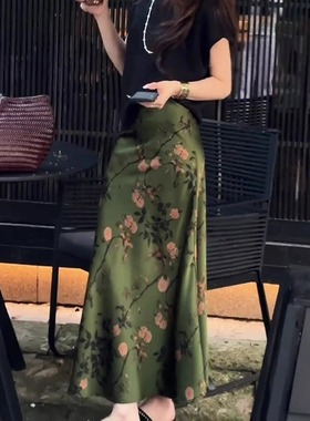 贵妇感墨绿色印花醋酸半身裙女夏季新款优雅气质时尚轻熟风鱼尾裙