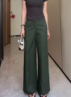 深绿色垂感西装裤女夏季薄款2026新款大码胖mm高腰休闲直筒阔腿裤