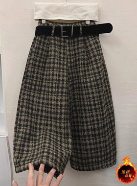 复古千鸟格纹羊毛呢休闲裤女2026冬季新款显瘦气质直筒阔腿七分裤