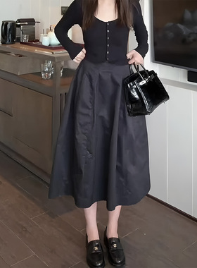 黑色简约A字半身裙女2025秋季新款高腰宽松时尚气质百搭花苞裙子