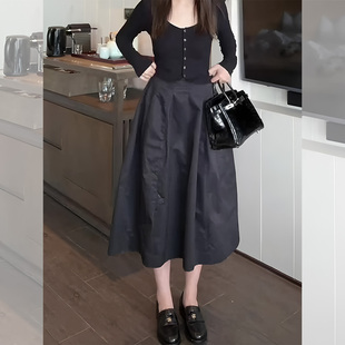高腰寬松時尚 氣質百搭花苞裙子 新款 黑色簡約A字半身裙女2025秋季