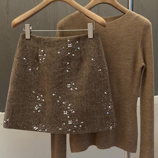 浅棕色重工亮片短裙女2025年秋冬新款 气质高腰显瘦A字包臀裙 时尚