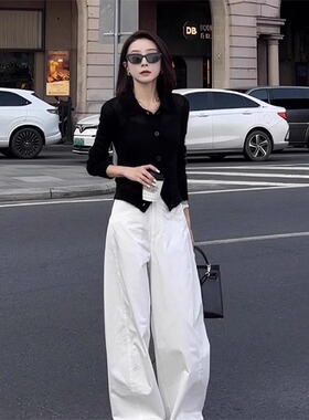 白色洗水棉阔腿裤女春秋款2025新款时尚潮流小个子高腰显瘦直筒裤