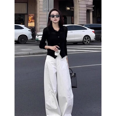 白色洗水棉阔腿裤女春秋款2025新款时尚潮流小个子高腰显瘦直筒裤