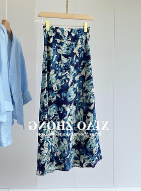 复古蓝色油画印花缎面高腰包臀半身裙女2025早春新款优雅中长裙子