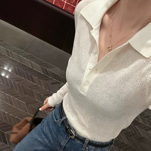 老钱风白色polo领套头针织衫女秋冬内搭修身显瘦翻领打底毛衣上衣