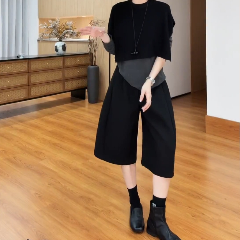 秋款视觉灰色慵懒风日系毛呢中裤2025大码胖mm气质百搭阔腿女裤子