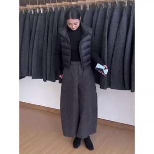 欧货毛呢阔腿裤女2025新款秋冬大码哈伦裤格子裤子显瘦直筒九分裤