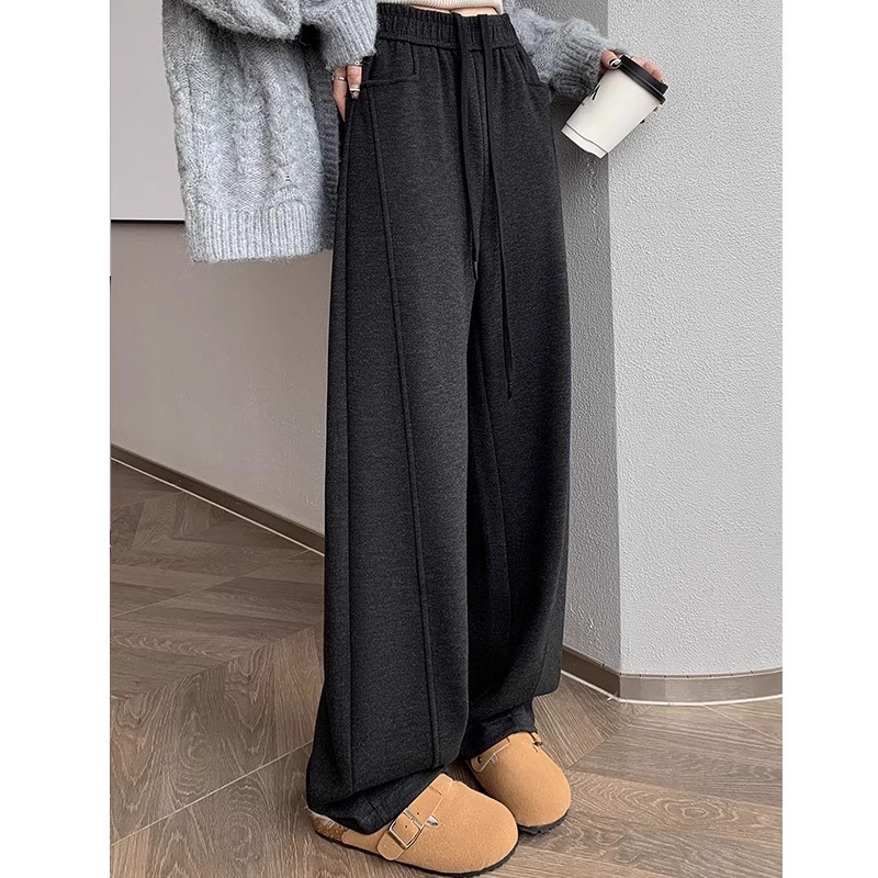 深灰色阔腿裤女秋冬新款山羊绒加绒毛呢裤子高腰休闲香蕉镰刀裤