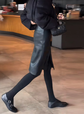 黑色开叉pu皮裙女秋冬新款高腰显瘦遮胯时尚气质百搭好看a字半裙