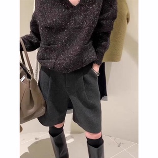 百搭毛呢a字阔腿裤 2025秋季 女小个子时尚 深灰色压褶五分短裤 新款