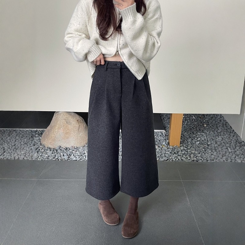 高腰毛呢八分阔腿裤女2025冬季新款时尚高级感小个子百搭休闲裤