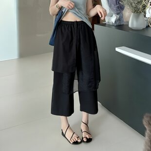 胖MM黑色百搭假两件抽绳直筒裤 时尚 大码 女2026夏季 拼接网纱休闲裤