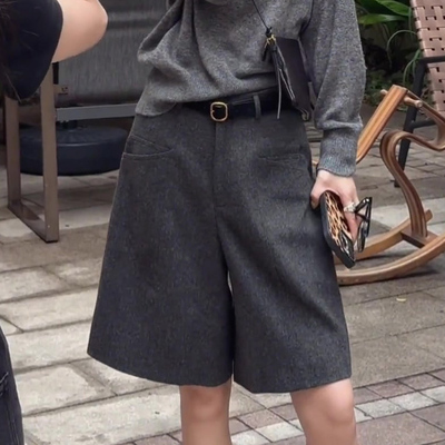 深灰色毛呢中裤女秋季2025新款高腰显瘦时尚通勤设计感阔腿短裤