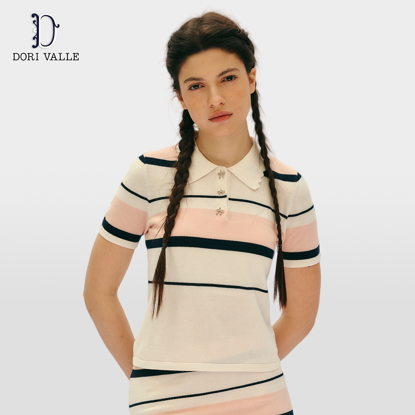 Dori Valle 夏季粉白条纹翻领网球运动休闲舒适透气短袖polo衫女