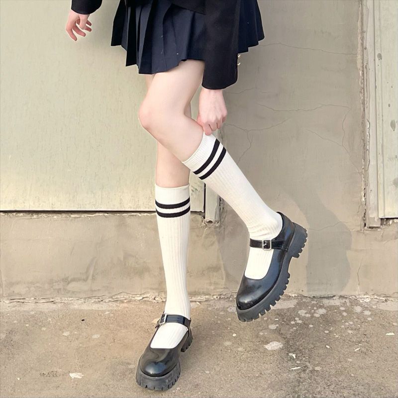 学院风二杠小腿袜女春夏季薄款压力显瘦运动中筒袜简约JK纯欲高筒