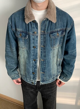 XANYP 冬季复古水洗加绒加厚牛仔外套男保暖毛领夹克棉服牛仔上衣