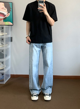 XANYP 美式复古水洗蓝色做旧破洞闪电纹直筒牛仔裤男宽松百搭长裤