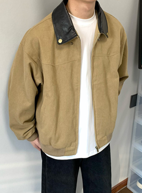 XANYP 春季复古巴恩风拼接皮领工装夹克男潮cleanfit短宽廓形外套