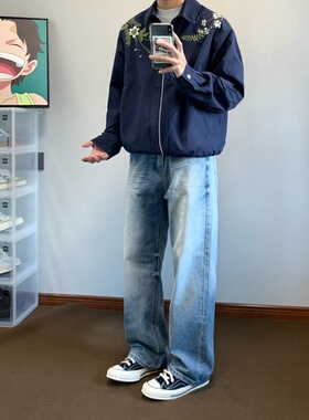 XANYP 美式复古水洗猫须cleanfit直筒阔腿牛仔裤潮牌宽松男生长裤