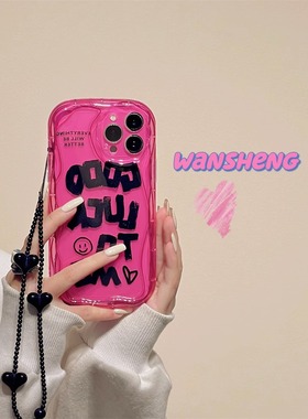 韩风ins玫红色英文笑脸适用三星s23ultra手机壳s22+新款s21fe女a31手链条a52s硅胶a71创意a54防摔a34保护套