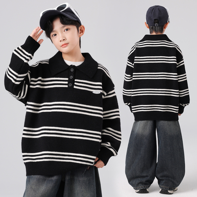 男童加厚条纹翻领针织衫秋冬款