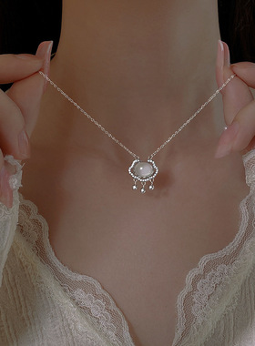 S925纯银项链女白玉髓平安锁轻奢百搭中国风长命锁锁骨链包邮礼物