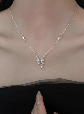 s925纯银项链女蝴蝶结轻奢锆石四芒星吊坠小众设计时尚百搭锁骨