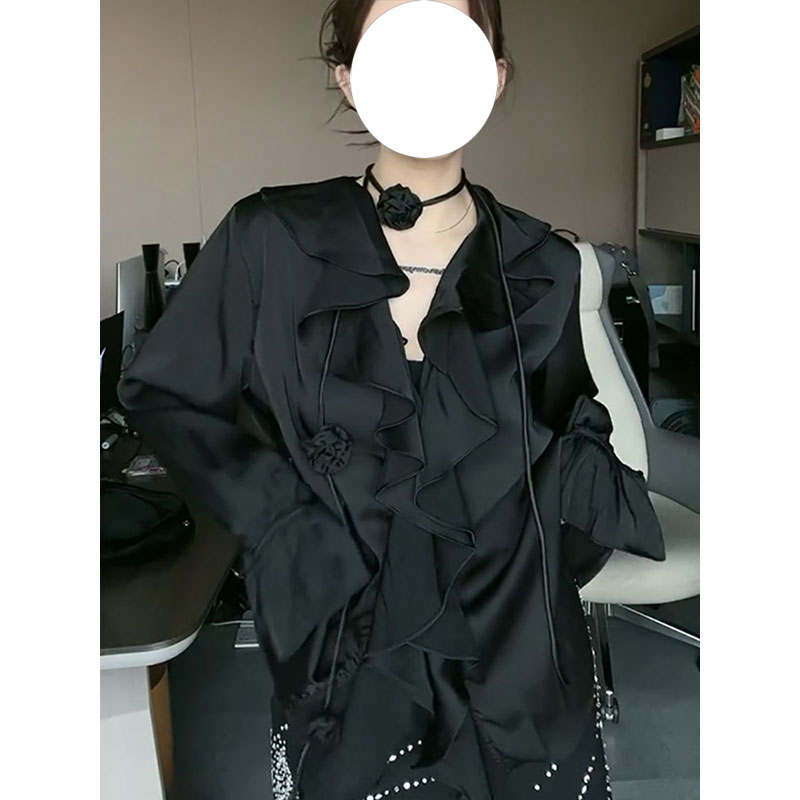 V领黑色长袖衬衫女设计感2025春夏薄款荷叶边系带衬衣别致上衣潮