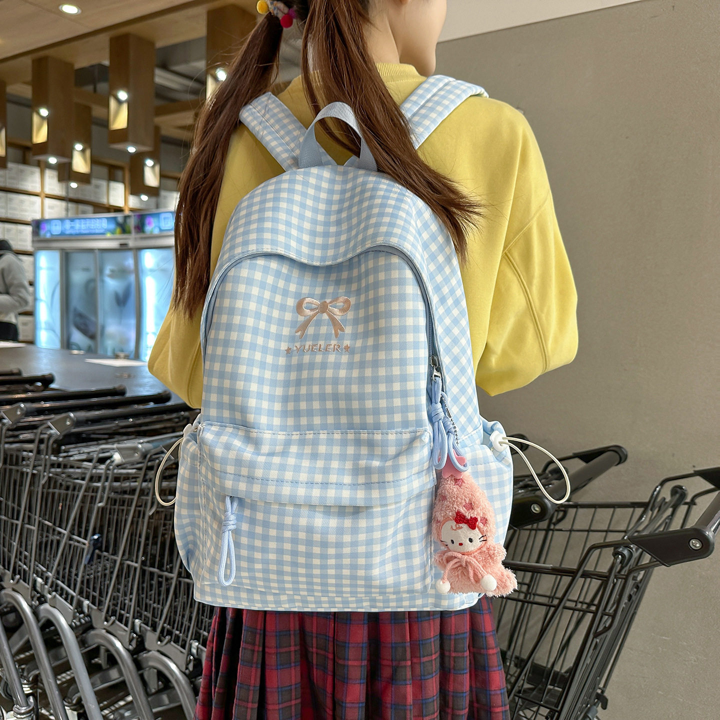 2026新款格子双肩包大容量休闲韩版学院风初中高中上课书包背包女