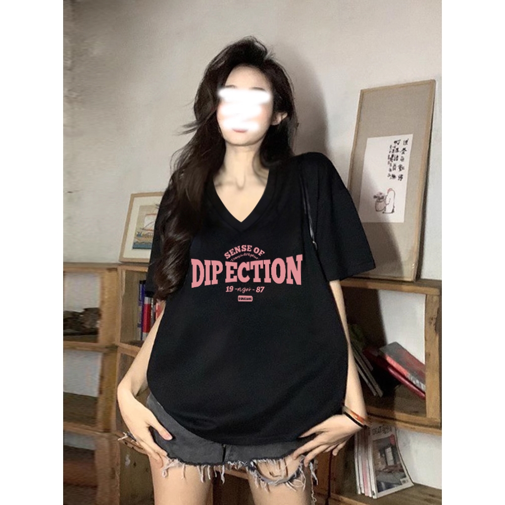 大码v领正肩宽松短袖t恤女美式复古夏季百搭女装胖mm遮肚显瘦上衣