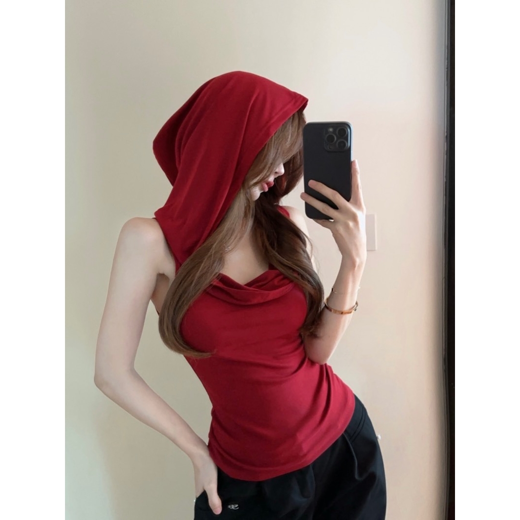 荡领红色连帽背心女美式夏季百搭泰式甜辣妹抹胸无袖上衣漂亮绝美