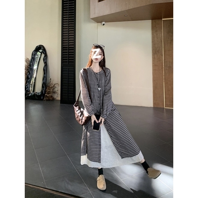 慵懒风复古格子叠穿长袖衬衫提花半身裙女2025秋季新款时尚套装潮