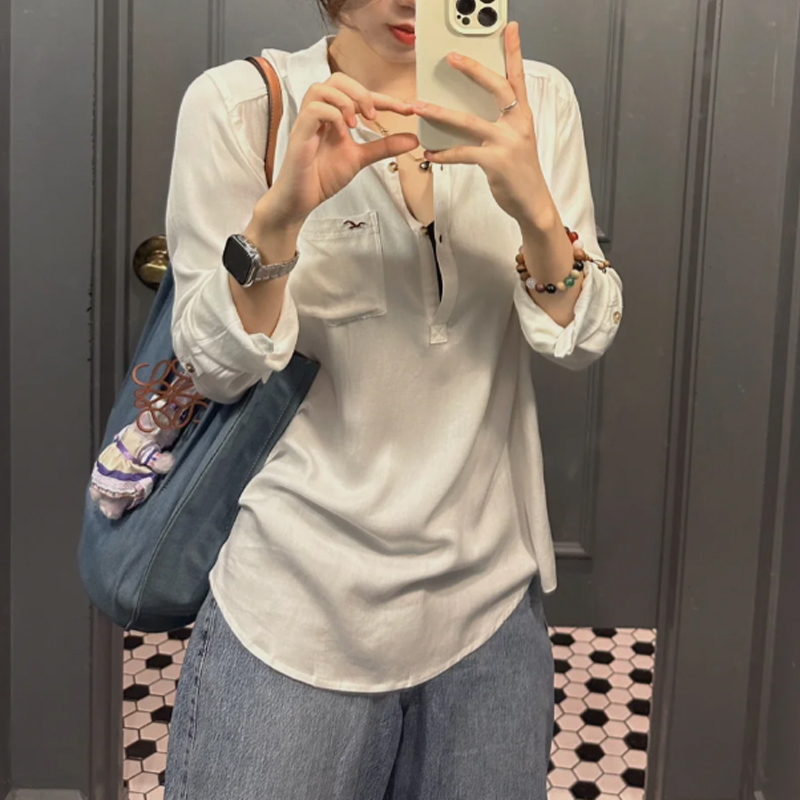 长袖t恤女白色polo领春秋2025新款防晒罩衫外搭薄款慵懒宽松上衣