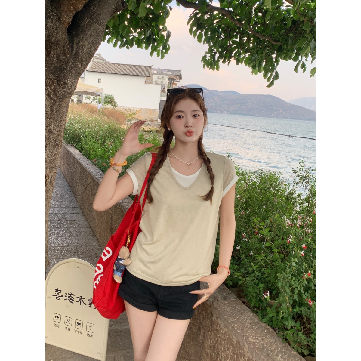 V领假两件短袖T恤女2025夏季新款女装薄款正肩宽松上衣外穿半袖