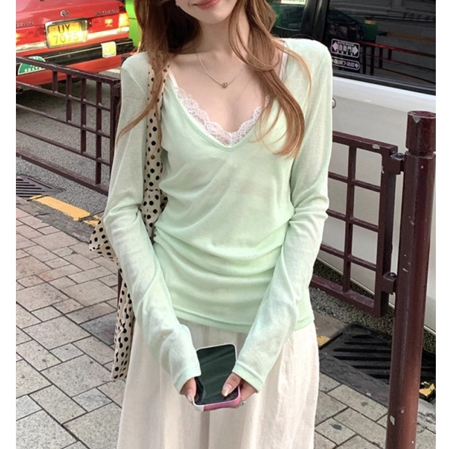 V领带胸垫吊带背心两件套装微透薄款长袖T恤女夏季内搭小心机蕾丝