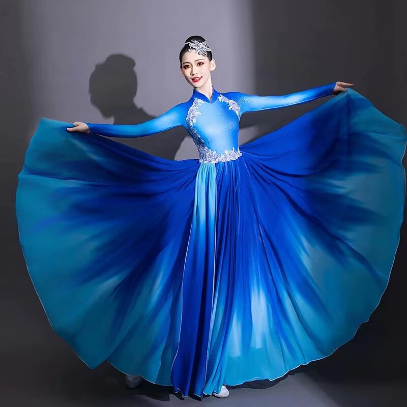 蓝色古典舞舞蹈服成人女飘逸大摆裙开场舞演出服广场舞汇演服装