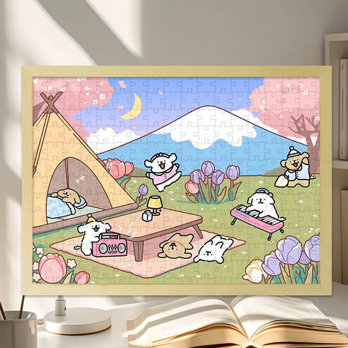 线条小狗拼图高难度3至6岁以上儿童益智礼物有相框高颜值木质平图