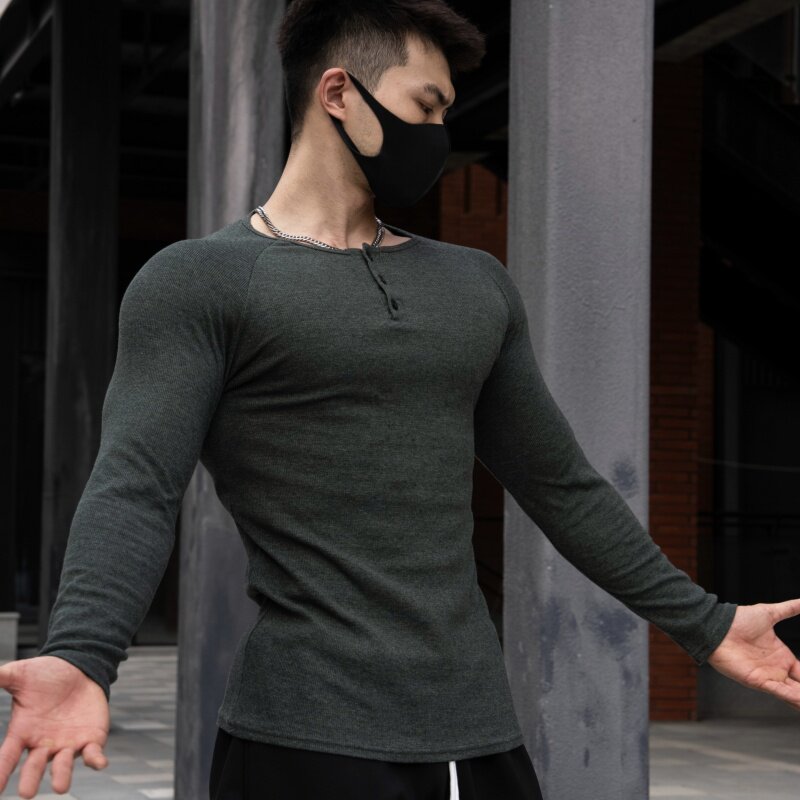 重磅粗螺纹亨利衫长袖健身t恤秋冬季运动肌肉美式男硬汉修身显大